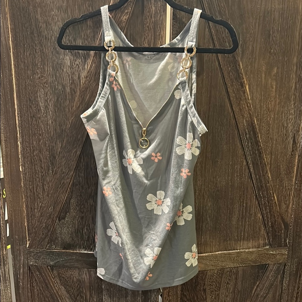 Gray Floral Tank Top with Chain Detail